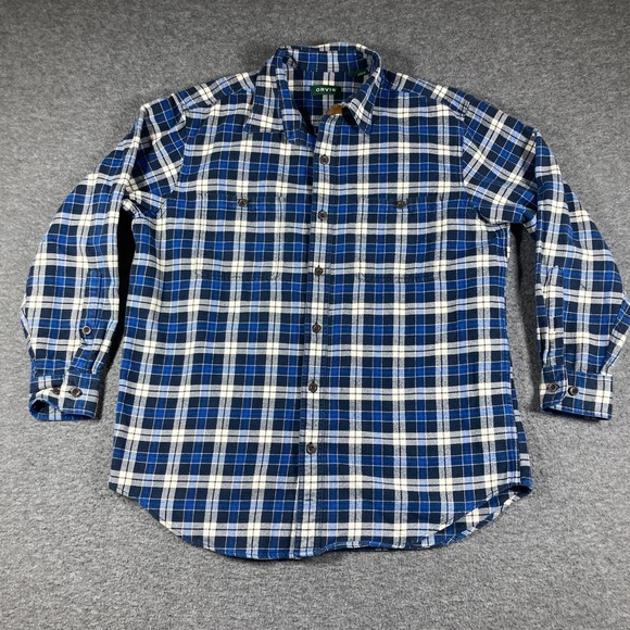 Orvis Heavy Flannel Button Down Shirt Mens Large L Blue Plaid Long Sleeve - Picture 1 of 9